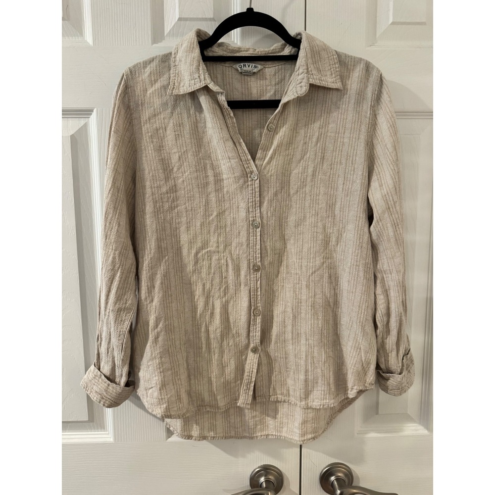 Orvis Classic Collection Women's Linen Blend Striped Button Down Shirt Beige M
